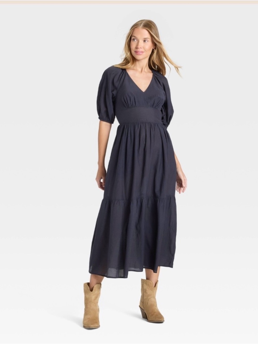 Universal Thread Navy Blue Puff Elbow Sleeve Maxi Dress Women's Size Small